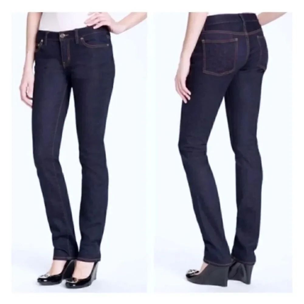 Tory Burch supper skinny jeans 30 bark blue logo on pockets back
